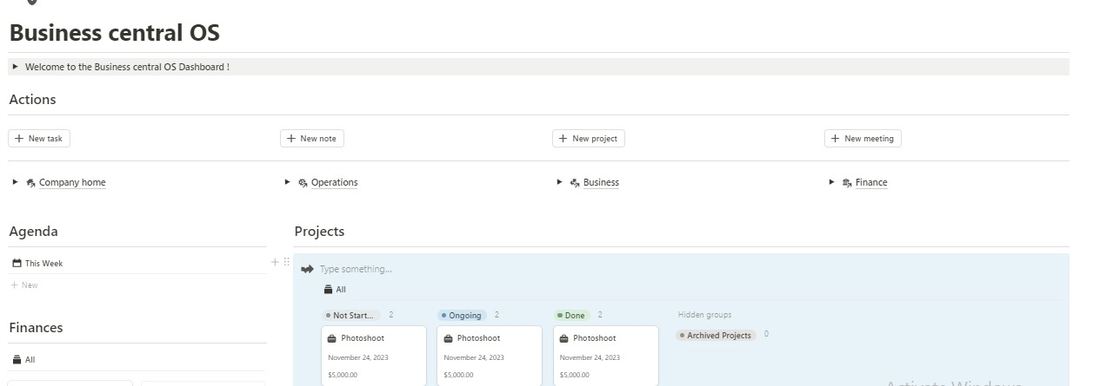 An operations dashboard with quick actions, departmental entry points and a live project board.